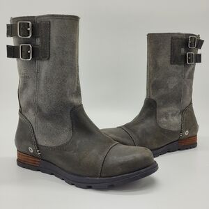 Sorel Major Pull On Boots Suede Leather Buckles Gray Brown Mid Calf Size 9